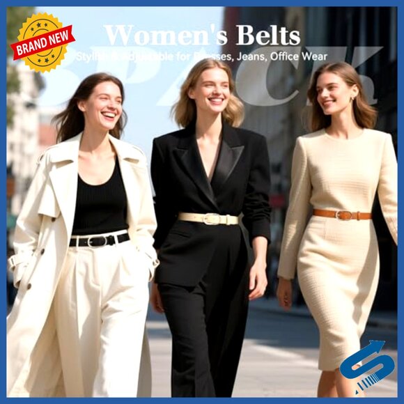 3 Pack Faux Leather Belts Gold Buckle Women\'s Dress Casual Size M main image 6